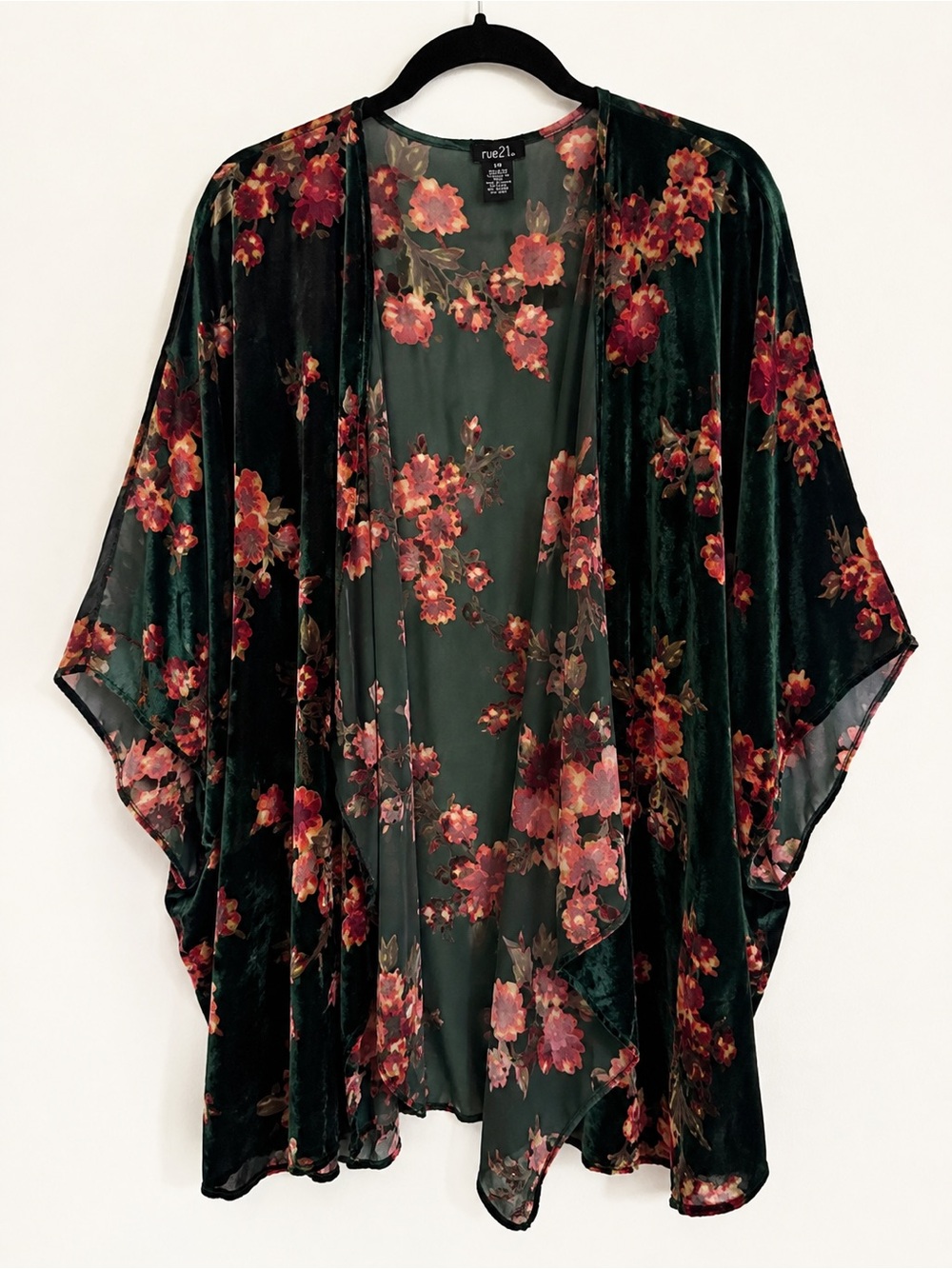 Rue21 Green Velvet Floral Kimono Sheer Open Front Boho S/M NWOT